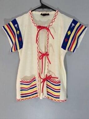 VINTAGE Knit Short-Sleeve Cardigan with Multicolor Stripes